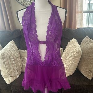 Fredericks of Hollywood Purple Lace Halter Babydoll Lingerie size L